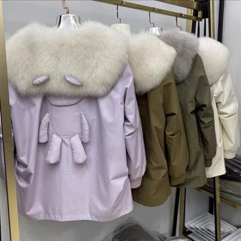 Palton de blană pentru femei, parka cu căptușeală de blană de iepure și guler detașabil din blană de vulpe, lungime medie, mâneci lungi, exterior din păr de iepure Rex