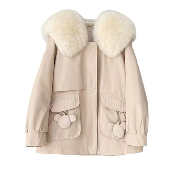 Palton de blană pentru femei, parka cu căptușeală de blană de iepure și guler detașabil din blană de vulpe, lungime medie, mâneci lungi, exterior din păr de iepure Rex