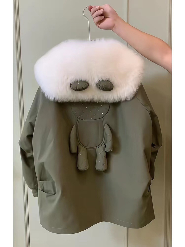 Palton de blană pentru femei, parka cu căptușeală de blană de iepure și guler detașabil din blană de vulpe, lungime medie, mâneci lungi, exterior din păr de iepure Rex