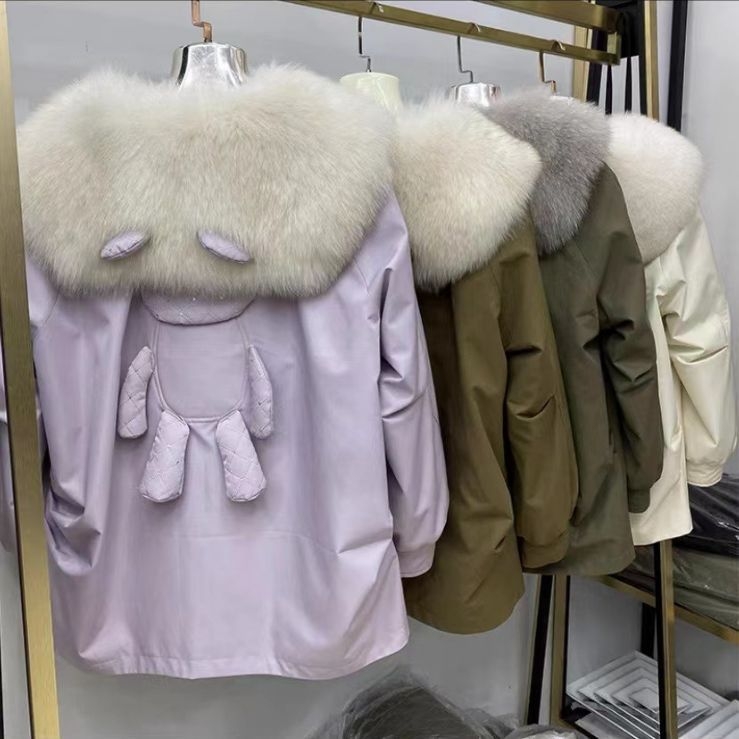 Palton de blană pentru femei, parka cu căptușeală de blană de iepure și guler detașabil din blană de vulpe, lungime medie, mâneci lungi, exterior din păr de iepure Rex