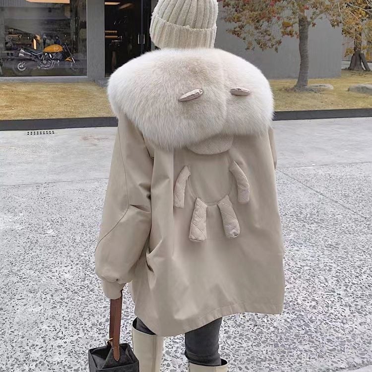 Palton de blană pentru femei, parka cu căptușeală de blană de iepure și guler detașabil din blană de vulpe, lungime medie, mâneci lungi, exterior din păr de iepure Rex