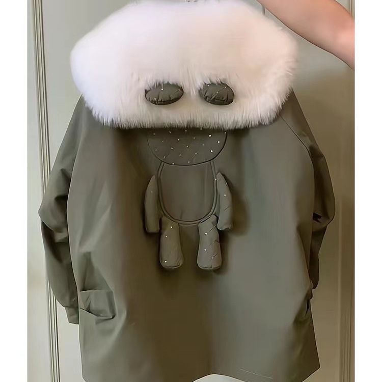 Palton de blană pentru femei, parka cu căptușeală de blană de iepure și guler detașabil din blană de vulpe, lungime medie, mâneci lungi, exterior din păr de iepure Rex