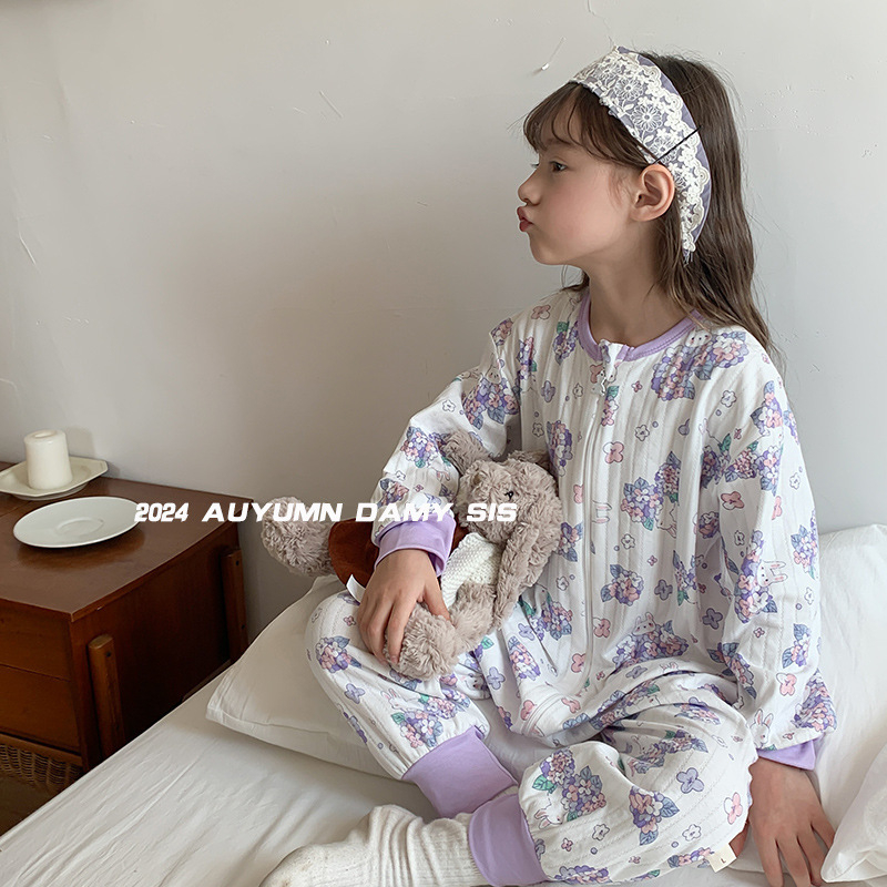 Salopetă de somn pentru copii din bumbac pur, exterior din bumbac peste 95%, căptușeală și umplutură din bumbac, siguranță clasă A, potrivită pentru primăvară și toamnă, copii 3–8 ani.