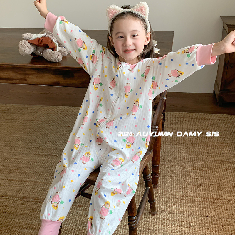 Salopetă de somn pentru copii din bumbac pur, exterior din bumbac peste 95%, căptușeală și umplutură din bumbac, siguranță clasă A, potrivită pentru primăvară și toamnă, copii 3–8 ani.