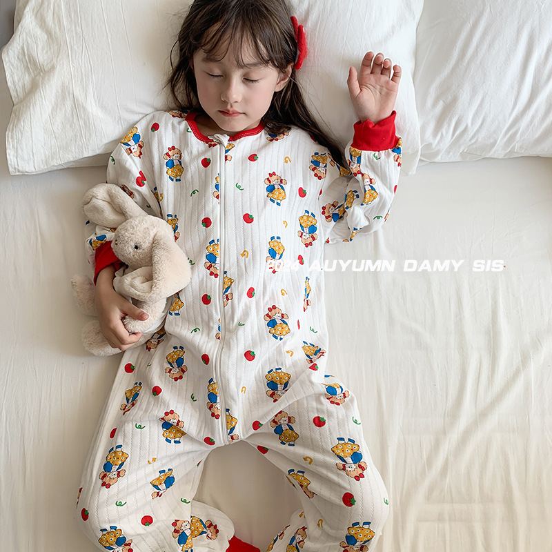 Salopetă de somn pentru copii din bumbac pur, exterior din bumbac peste 95%, căptușeală și umplutură din bumbac, siguranță clasă A, potrivită pentru primăvară și toamnă, copii 3–8 ani.