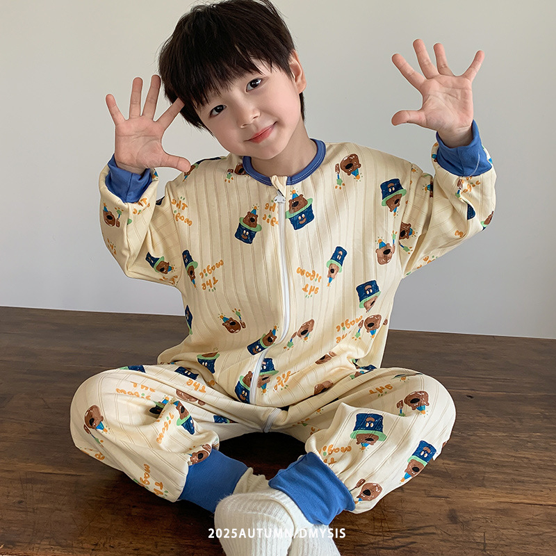 Salopetă de somn pentru copii din bumbac pur, exterior din bumbac peste 95%, căptușeală și umplutură din bumbac, siguranță clasă A, potrivită pentru primăvară și toamnă, copii 3–8 ani.