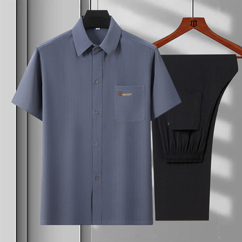 Cămașă de vară pentru bărbați în vârstă – ușoară, cu mânecă scurtă, dungată, din amestec poliester, respirabil, croială lejeră, fără necesitate de călcare