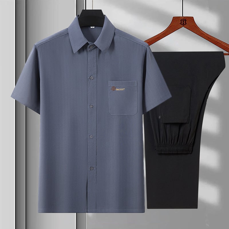 Cămașă de vară pentru bărbați în vârstă – ușoară, cu mânecă scurtă, dungată, din amestec poliester, respirabil, croială lejeră, fără necesitate de călcare