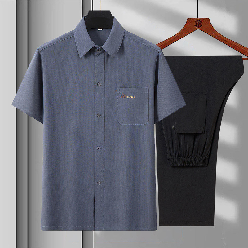 Cămașă de vară pentru bărbați în vârstă – ușoară, cu mânecă scurtă, dungată, din amestec poliester, respirabil, croială lejeră, fără necesitate de călcare