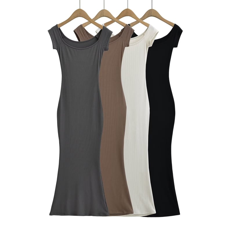 Φόρεμα με λαιμόκοψη στον έναν ώμο, μακριά φούστα σε στιλ παραμυθένιο, μονοχρωμο ύφασμα, σπαντέξ, σχέδιο Κολλάζ.