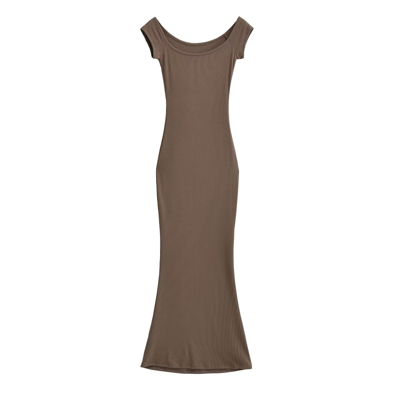 Φόρεμα με λαιμόκοψη στον έναν ώμο, μακριά φούστα σε στιλ παραμυθένιο, μονοχρωμο ύφασμα, σπαντέξ, σχέδιο Κολλάζ.