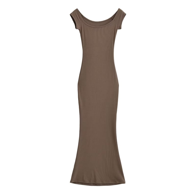 Φόρεμα με λαιμόκοψη στον έναν ώμο, μακριά φούστα σε στιλ παραμυθένιο, μονοχρωμο ύφασμα, σπαντέξ, σχέδιο Κολλάζ.