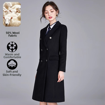 Női gyapjúkabát – gyapjú 50–70% poliészterrel, középhosszú 65–80 cm, hosszú ujjú, egysoros záródás