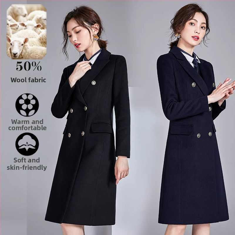 Női gyapjúkabát – gyapjú 50–70% poliészterrel, középhosszú 65–80 cm, hosszú ujjú, egysoros záródás