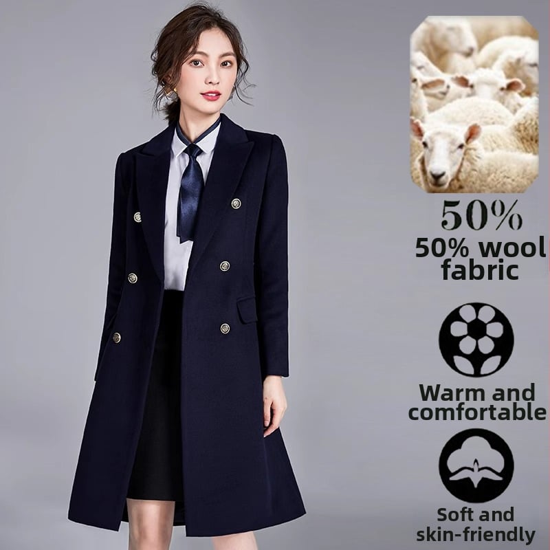 Női gyapjúkabát – gyapjú 50–70% poliészterrel, középhosszú 65–80 cm, hosszú ujjú, egysoros záródás