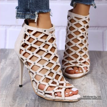 Σανδάλια με ανοιχτό δάχτυλο και σχήμα ψαριού, χαμηλό κωνικό τακούνι, PU επάνω μέρος, σόλα καουτσούκ, πίσω φερμουάρ