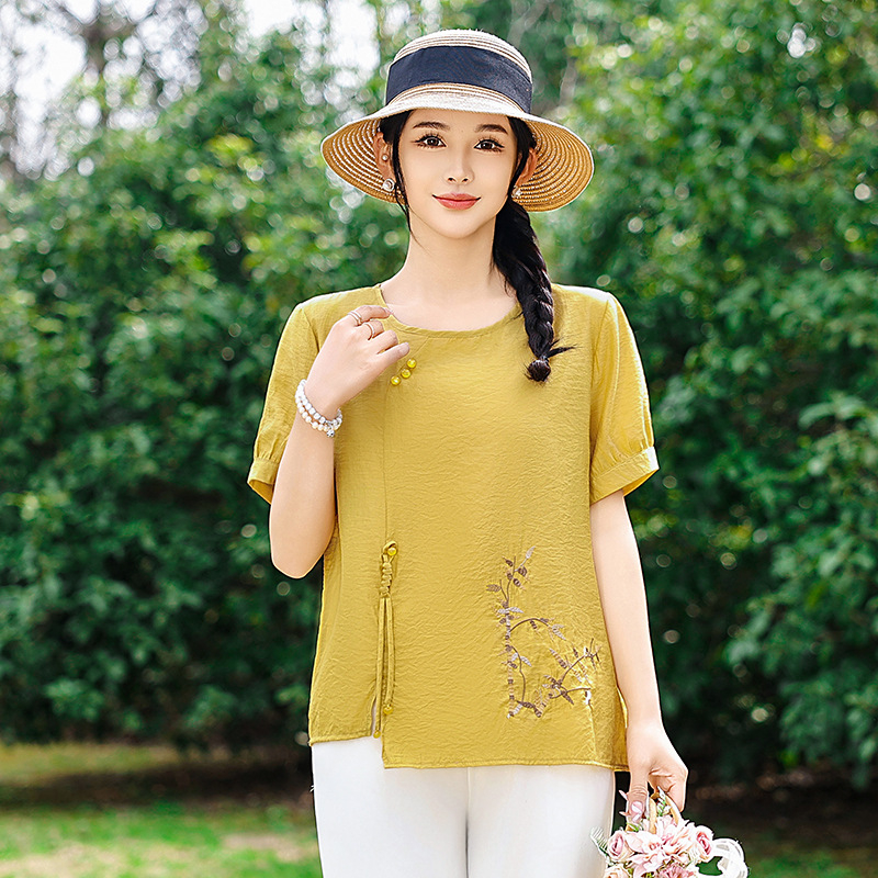 Μπλούζα με μανίκια 3/4 σε κινεζικό στυλ με εκτύπωση, Τοπ Ταν Σουτ, Πολυεστερικό μείγμα 70–80% και 30–50%, Άνοιξη 2025