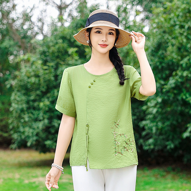 Μπλούζα με μανίκια 3/4 σε κινεζικό στυλ με εκτύπωση, Τοπ Ταν Σουτ, Πολυεστερικό μείγμα 70–80% και 30–50%, Άνοιξη 2025