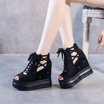 Κορεατικού στυλ σανδάλια με δάχτυλο σε σχήμα ψαριού και πλατφόρμα, ύψος τακουνιού 12 εκ., PU επάνω, σόλα από αφρό