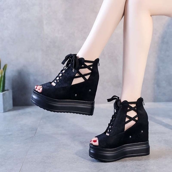 Κορεατικού στυλ σανδάλια με δάχτυλο σε σχήμα ψαριού και πλατφόρμα, ύψος τακουνιού 12 εκ., PU επάνω, σόλα από αφρό