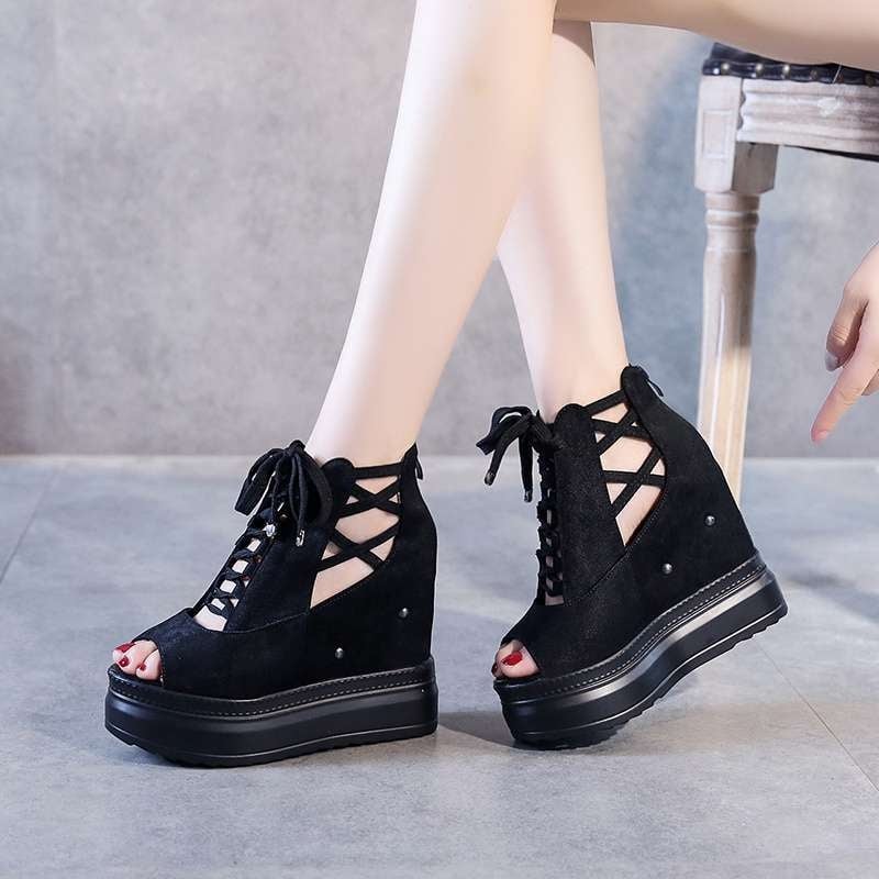 Κορεατικού στυλ σανδάλια με δάχτυλο σε σχήμα ψαριού και πλατφόρμα, ύψος τακουνιού 12 εκ., PU επάνω, σόλα από αφρό