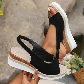 Ρωμαϊκά σανδάλια με διασταυρούμενους ιμάντες από κάνναβινο σχοινί και κωνική σόλα, ελαστικό κλείσιμο, PU σόλα, σχήμα δακτύλου ψαριού