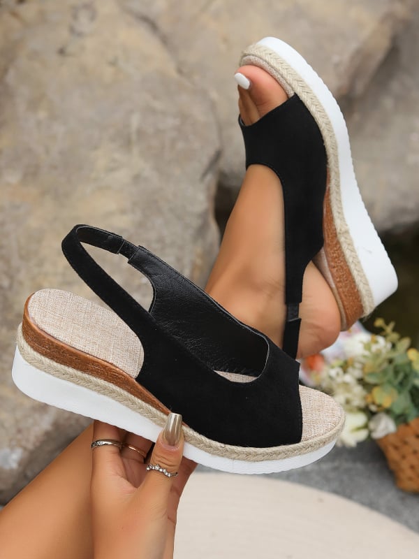 Ρωμαϊκά σανδάλια με διασταυρούμενους ιμάντες από κάνναβινο σχοινί και κωνική σόλα, ελαστικό κλείσιμο, PU σόλα, σχήμα δακτύλου ψαριού