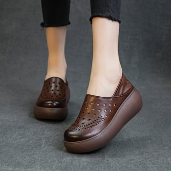 Γυναικείες ρωμαϊκές σάνδαλες από γνήσιο δέρμα, με φαρδιά σόλα, κλινοειδές τακούνι, στρογγυλό μπροστινό μέρος, EVA σόλα