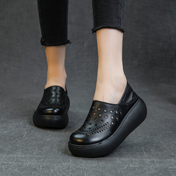 Γυναικείες ρωμαϊκές σάνδαλες από γνήσιο δέρμα, με φαρδιά σόλα, κλινοειδές τακούνι, στρογγυλό μπροστινό μέρος, EVA σόλα