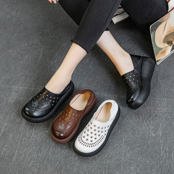 Γυναικείες ρωμαϊκές σάνδαλες από γνήσιο δέρμα, με φαρδιά σόλα, κλινοειδές τακούνι, στρογγυλό μπροστινό μέρος, EVA σόλα