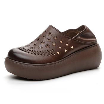 Γυναικείες ρωμαϊκές σάνδαλες από γνήσιο δέρμα, με φαρδιά σόλα, κλινοειδές τακούνι, στρογγυλό μπροστινό μέρος, EVA σόλα