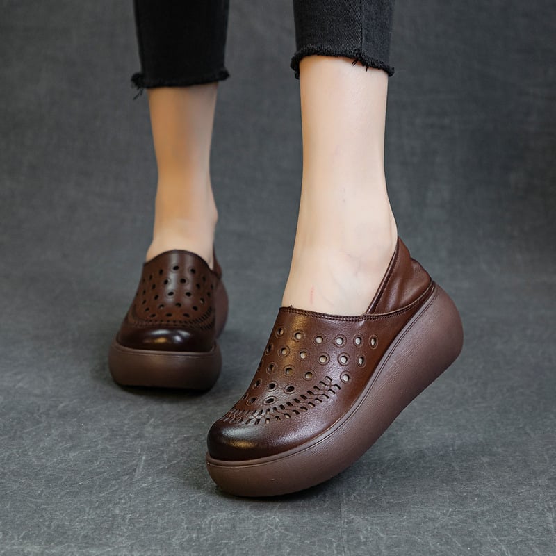 Γυναικείες ρωμαϊκές σάνδαλες από γνήσιο δέρμα, με φαρδιά σόλα, κλινοειδές τακούνι, στρογγυλό μπροστινό μέρος, EVA σόλα