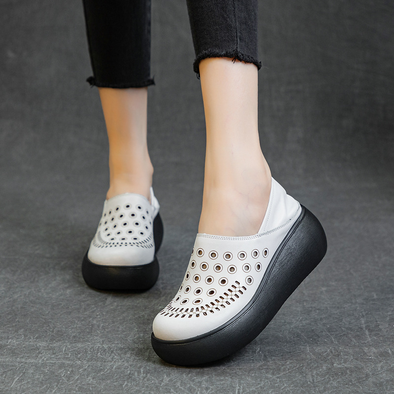 Γυναικείες ρωμαϊκές σάνδαλες από γνήσιο δέρμα, με φαρδιά σόλα, κλινοειδές τακούνι, στρογγυλό μπροστινό μέρος, EVA σόλα