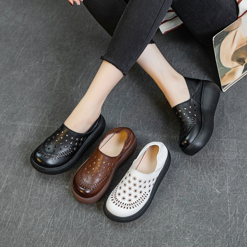 Γυναικείες ρωμαϊκές σάνδαλες από γνήσιο δέρμα, με φαρδιά σόλα, κλινοειδές τακούνι, στρογγυλό μπροστινό μέρος, EVA σόλα