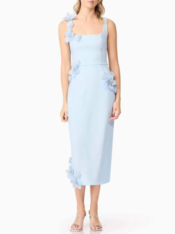 Φόρεμα χωρίς μανίκια με τιράντες, τρισδιάστατα άνθη στη διακόσμηση, μεσαίου μήκους, μίξη πολυεστέρα-βαμβακιού