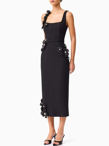 Φόρεμα χωρίς μανίκια με τιράντες, τρισδιάστατα άνθη στη διακόσμηση, μεσαίου μήκους, μίξη πολυεστέρα-βαμβακιού