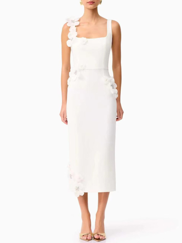 Φόρεμα χωρίς μανίκια με τιράντες, τρισδιάστατα άνθη στη διακόσμηση, μεσαίου μήκους, μίξη πολυεστέρα-βαμβακιού