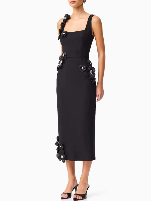 Φόρεμα χωρίς μανίκια με τιράντες, τρισδιάστατα άνθη στη διακόσμηση, μεσαίου μήκους, μίξη πολυεστέρα-βαμβακιού