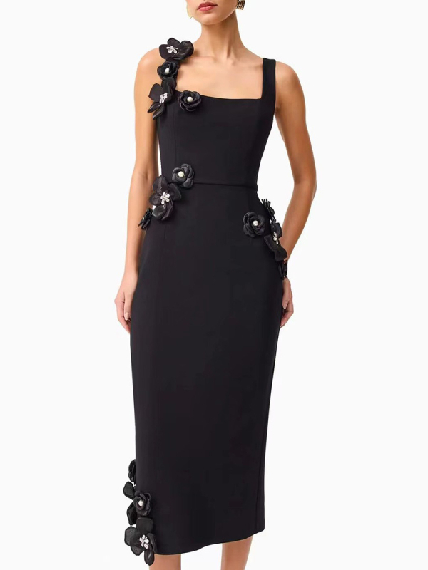 Φόρεμα χωρίς μανίκια με τιράντες, τρισδιάστατα άνθη στη διακόσμηση, μεσαίου μήκους, μίξη πολυεστέρα-βαμβακιού