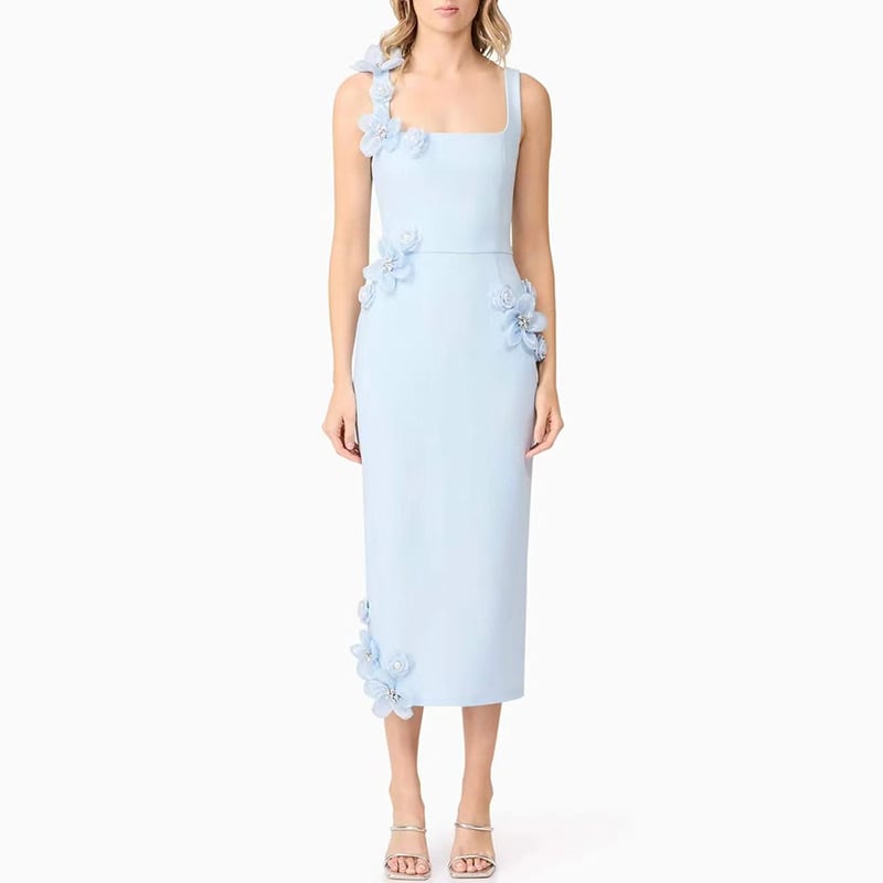 Φόρεμα χωρίς μανίκια με τιράντες, τρισδιάστατα άνθη στη διακόσμηση, μεσαίου μήκους, μίξη πολυεστέρα-βαμβακιού