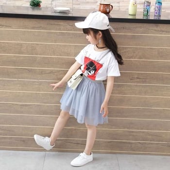 Fustă pentru fete din plasă, în linie A cu bretele, plisată, bumbac 91–95%