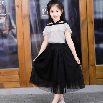 Fustă pentru fete din plasă, în linie A cu bretele, plisată, bumbac 91–95%