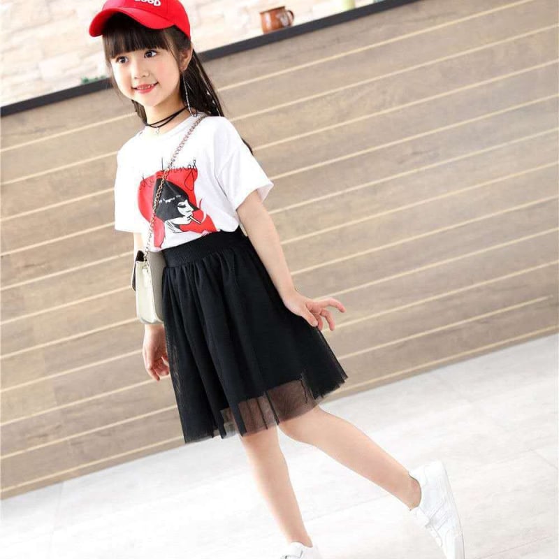 Fustă pentru fete din plasă, în linie A cu bretele, plisată, bumbac 91–95%