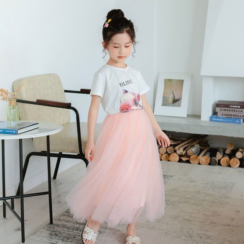 Fustă pentru fete din plasă, în linie A cu bretele, plisată, bumbac 91–95%