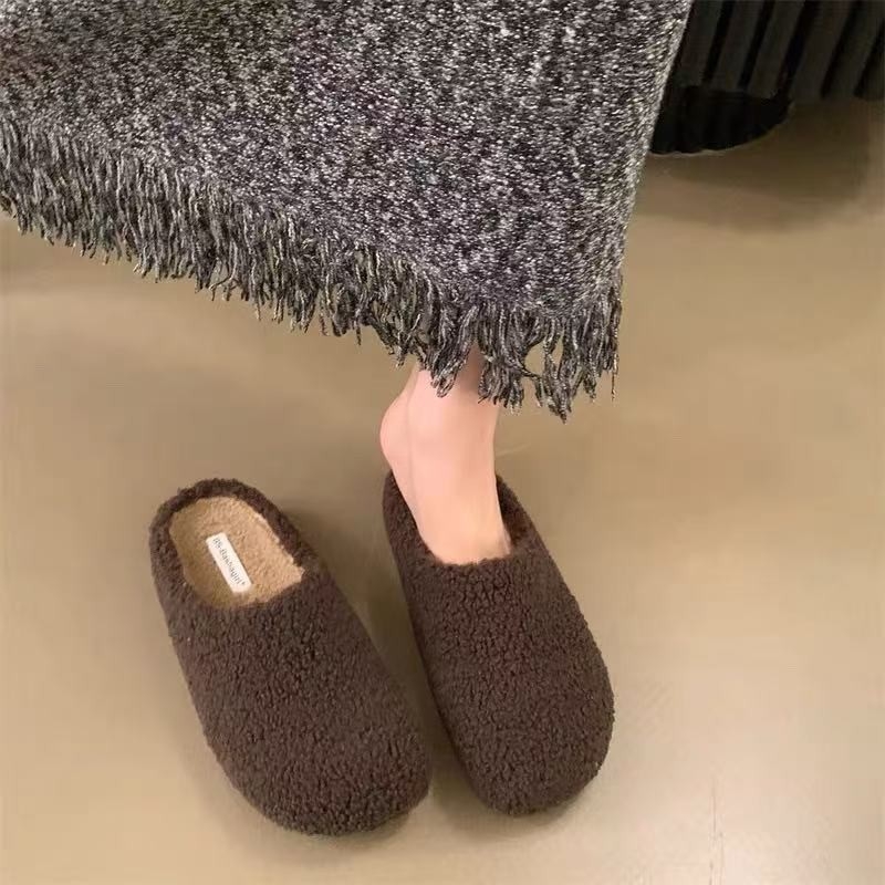 Ženske papuče od umjetnog pliša, zatvoren nos, slip-on, PU potplat, debljina potplata 0-3 cm, unutarnja umjetna dlaka