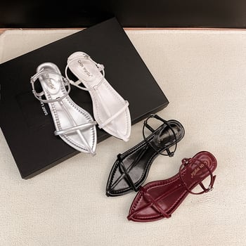 Γυναικείες δερμάτινες σανδάλες με ένα λουρί, μυτερή μύτη, χαμηλό τετράγωνο τακούνι, κούμπωμα με αγκράφα, καουτσούκ σόλα