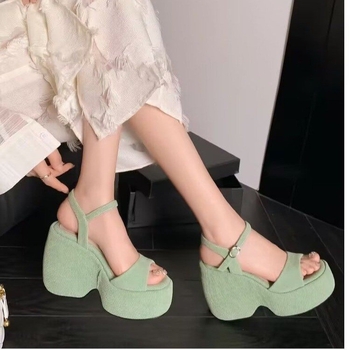 Σάνδαλα με ψάρι-στόμα, κορεατικού στυλ, στρογγυλή μύτη, πλατφόρμα με κλίση, υφασμάτινο πάνω μέρος