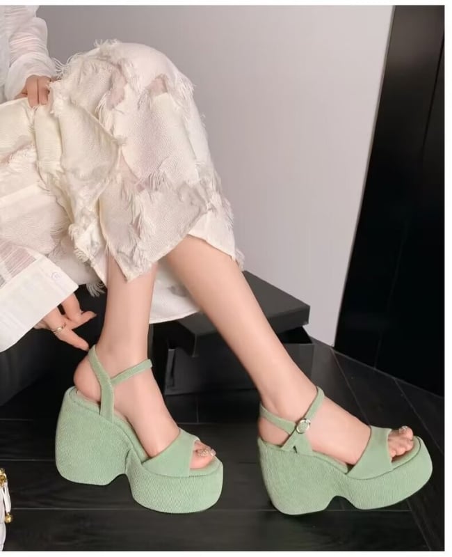 Σάνδαλα με ψάρι-στόμα, κορεατικού στυλ, στρογγυλή μύτη, πλατφόρμα με κλίση, υφασμάτινο πάνω μέρος