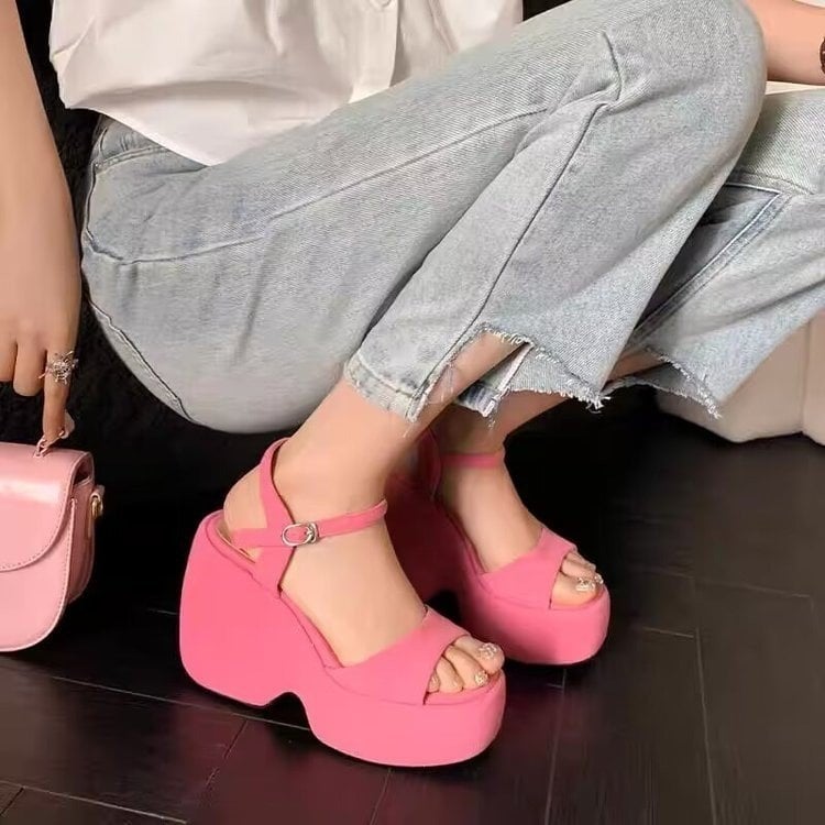 Σάνδαλα με ψάρι-στόμα, κορεατικού στυλ, στρογγυλή μύτη, πλατφόρμα με κλίση, υφασμάτινο πάνω μέρος