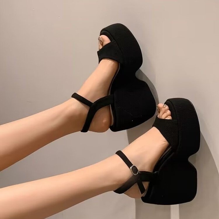 Σάνδαλα με ψάρι-στόμα, κορεατικού στυλ, στρογγυλή μύτη, πλατφόρμα με κλίση, υφασμάτινο πάνω μέρος